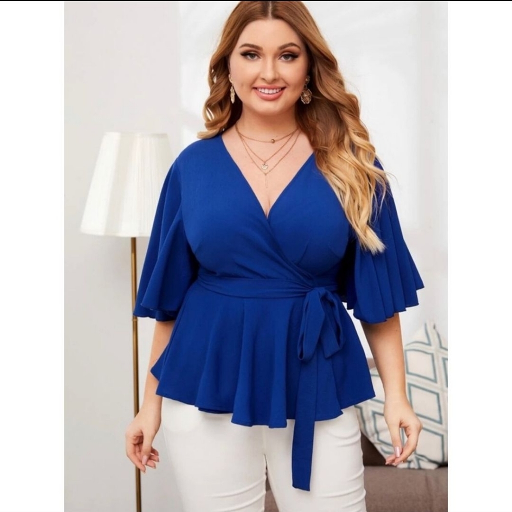 Plus Peplum Surplice Wrap Knot Top